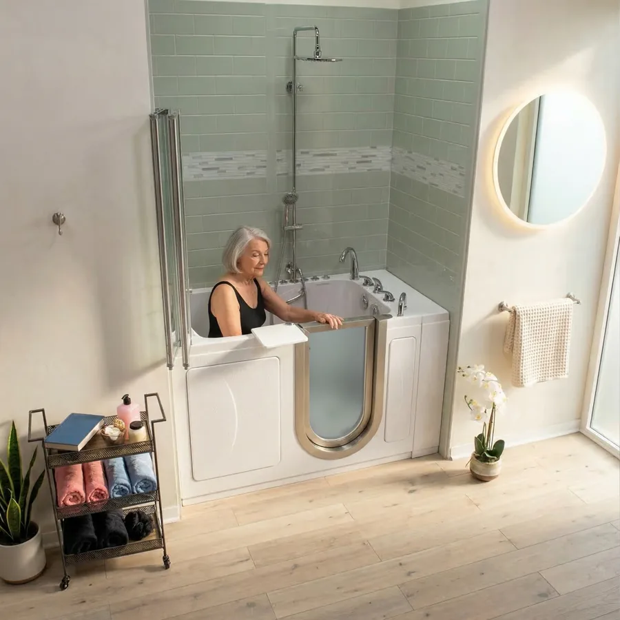 Ella's Bubbles Elite walk-in tub with a built-in seat and controls near the seat